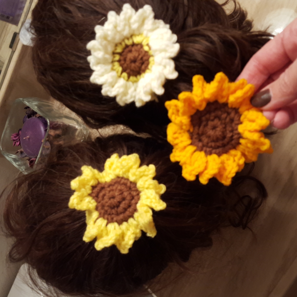 3 flower hair ties, handmade crochet by me,  new-wot yellow orange white/cream